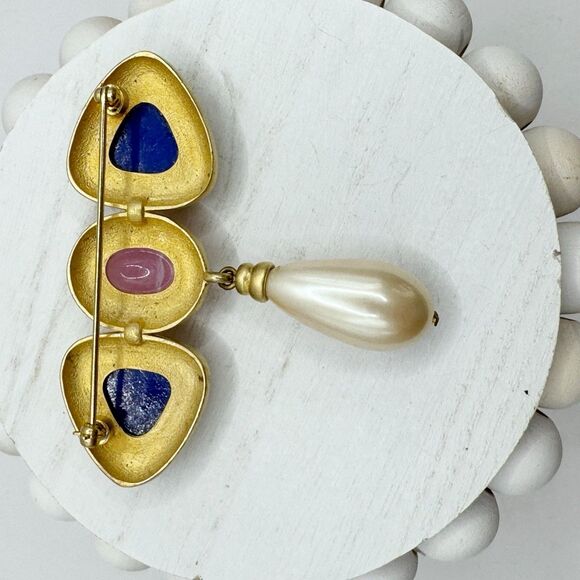 Vintage Mogul Style Pink Faux Gripoix Gold Tone Large Brooch Pin With Drop Pearl - Picture 6 of 9